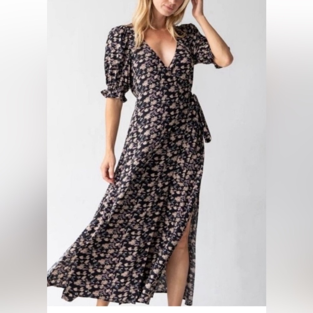 Natural Life Maxi midi Dress Size M Black floral Wrap Dress Boho Hippie